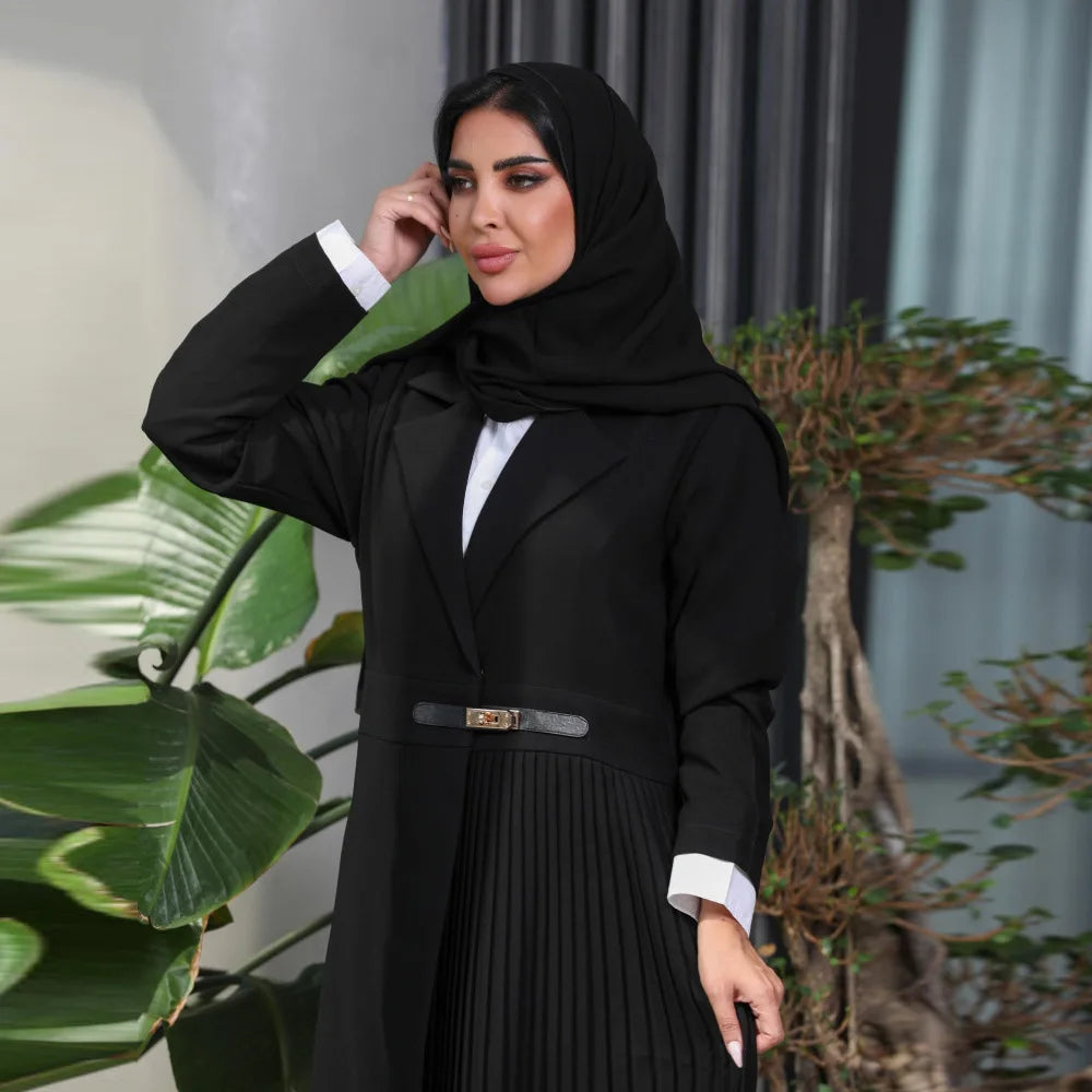 Abaya Cardigan Long Robe Pleated Jacket Muslim Arabic Fashion Leather Button