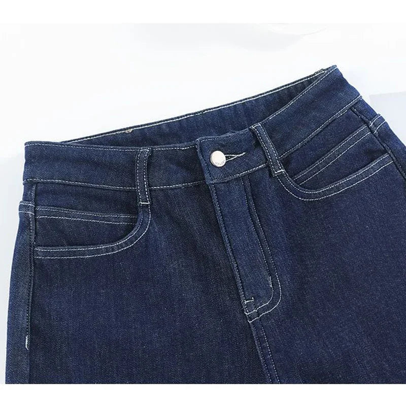 Girls High Waist Leisure Retro Jeans Female Korean Baggy Straight Leg Denim Trousers Women Fashion Bell Bottom Pants