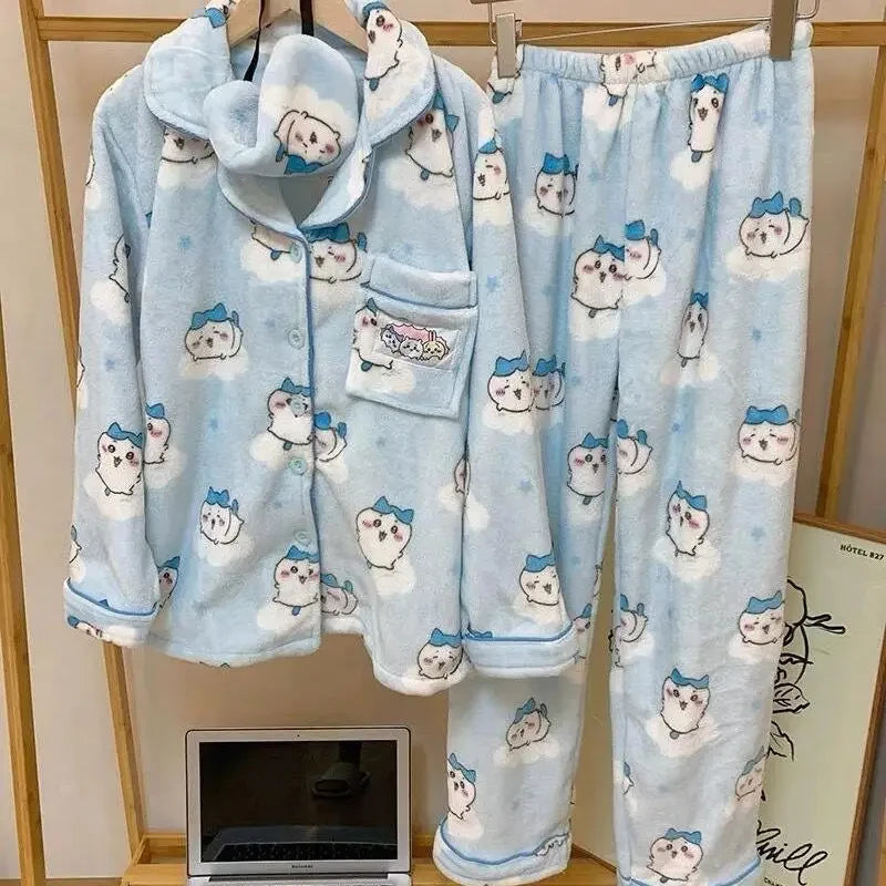 Chikawa Flannel Pjs Thicken Winter Usagi Long Sleeved Pajama Pants Set for Women Plus Velvet Cute Blue Hachiware Home Clothes