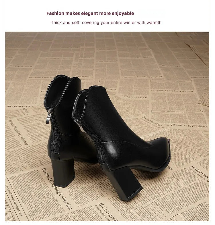 Women Leather Boots Luxury Pointed Brand Toe Chelsea Ankle Boots Trendy High Heels Zipper Goth Pumps Shoes French Women's Boots