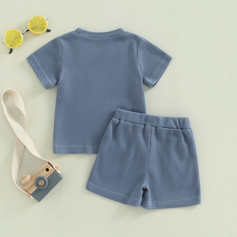 Tregren 0-3Y Toddler Boys Waffle Outfits Summer Short Sleeve Letter Print Tops + Drawstring Shorts Set Newborn Infant Clothes