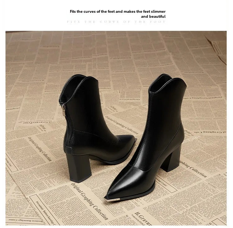 Women Leather Boots Luxury Pointed Brand Toe Chelsea Ankle Boots Trendy High Heels Zipper Goth Pumps Shoes French Women's Boots