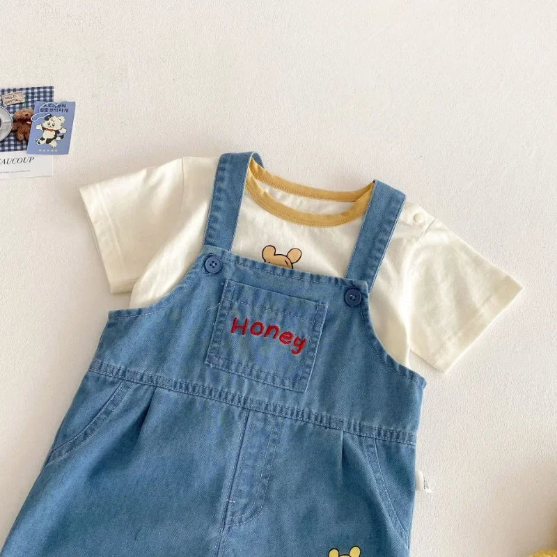 Baby Cartoon 2pcs Set for Summer Winnie Bear Short Sleeve T-shirt Loose Denim Straps Shorts Girl and Boy Clothes Set