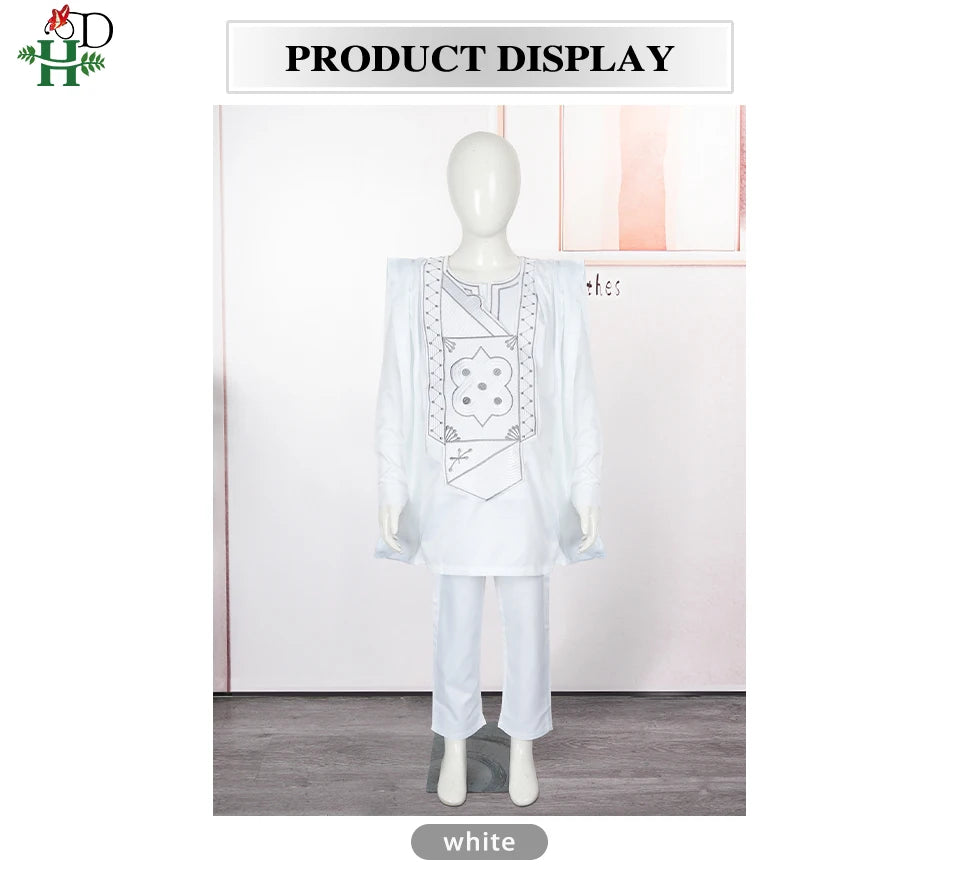 H&D 2025 African Tradition Clothes For Kids Boys White Blue Long Sleeve Tops Embroidery Dashiki Robe Shirt Pant Child Set 3 PCS