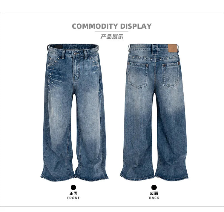 MIJKO Men Women Jeans Washed Fashion Rivet Casual Denim Pants