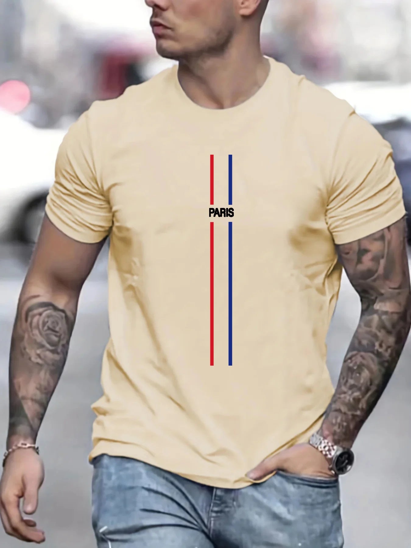 Men's Summer Loose Fit PARIS Print T-shirt Tops Fitness Sportswear Stretch Breathable Oversized Shirt Men's Clothing