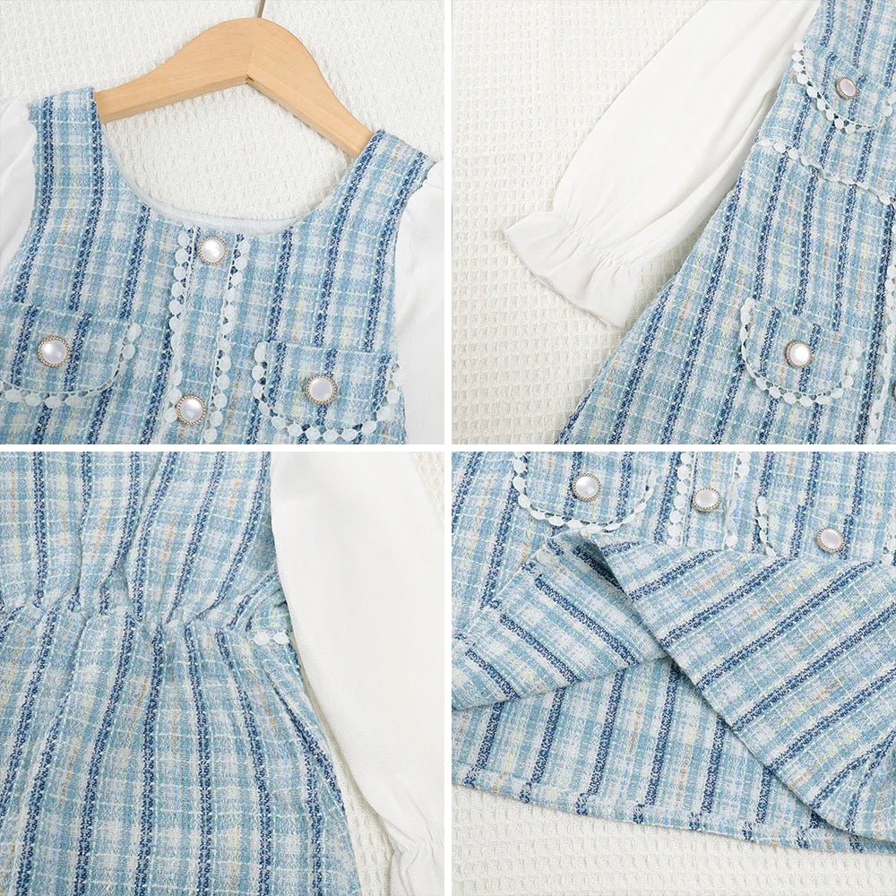 Menoea Girls' Dress 2023 Autumn New Girls' Round Neck Plaid Lace Button Long Sleeve Dress Girls' Fashion Patchwork Dress