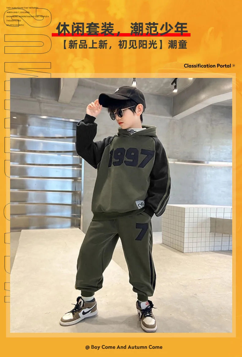 2025 winter autumn Boys Clothes Set cotton Velvet Sweatshirt hooded + Pants Tracksuits Kids Suit Children 4 8 9 10 11 12 14 Year