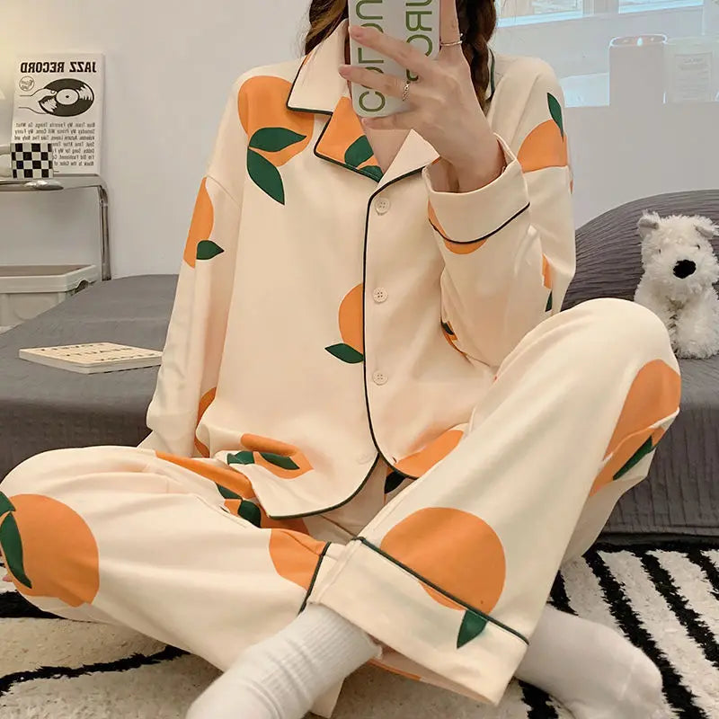 Antibacterial Pure Cotton Sleepwear Set for Women Loose Long Sleeve Home Clothes Cardigan Pants Fashionable Korean Style