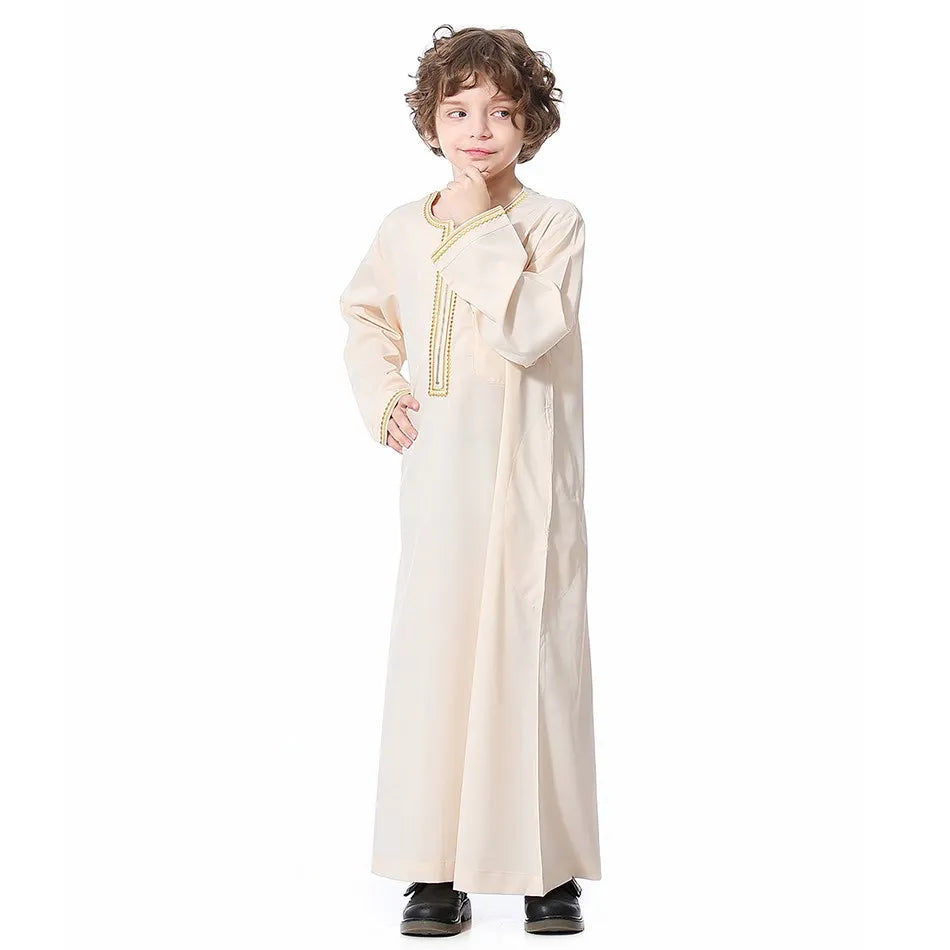 2025 New Children Thawb Teens Summer Muslim Robe Kids Arab Folk Clothes Boys Solid Color Thobe 5-14 Years National Outfit