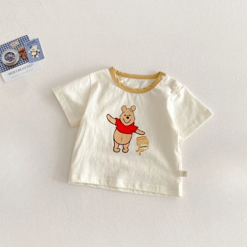 Baby Cartoon 2pcs Set for Summer Winnie Bear Short Sleeve T-shirt Loose Denim Straps Shorts Girl and Boy Clothes Set