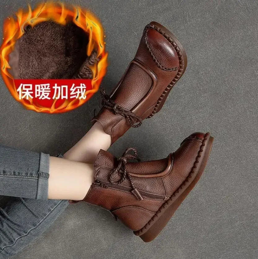 Women's Boots Spring Autumn New Retro Non-Slip Soft Bottom Flat Shoes Comfortable Soft Cowhide Ankle Boots