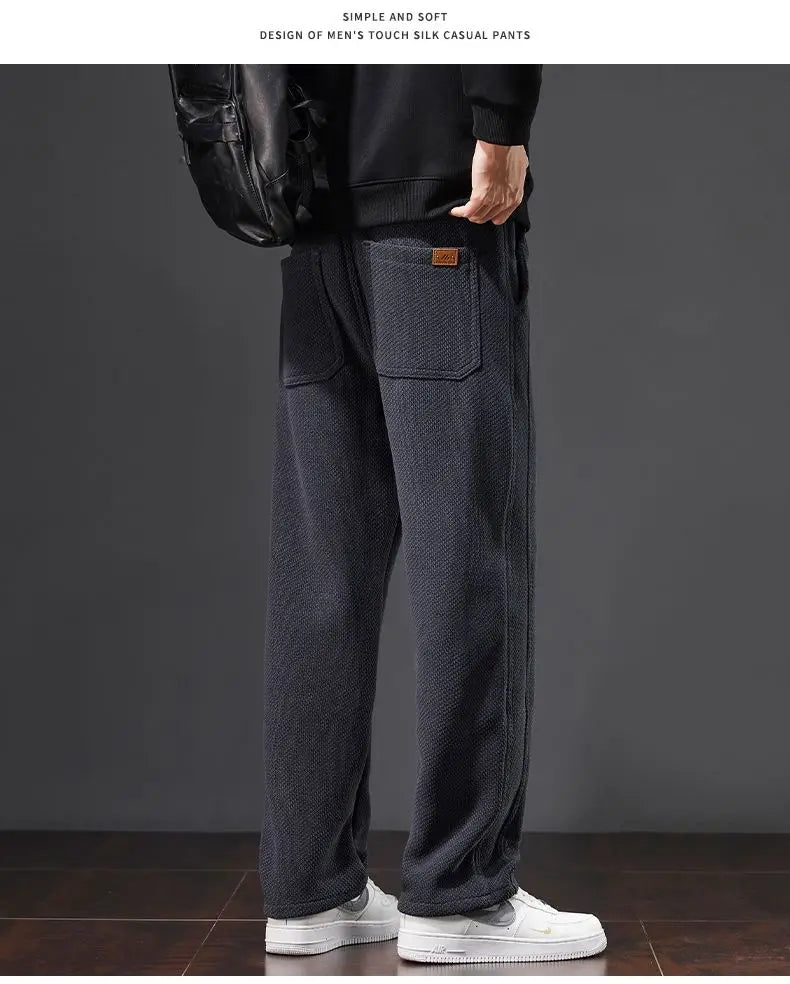 Autumn and Winter Plush Knitted Plaid Comfortable Wide Leg Straight Casual Pants Men Slacks Men's Pants Plush Slacks