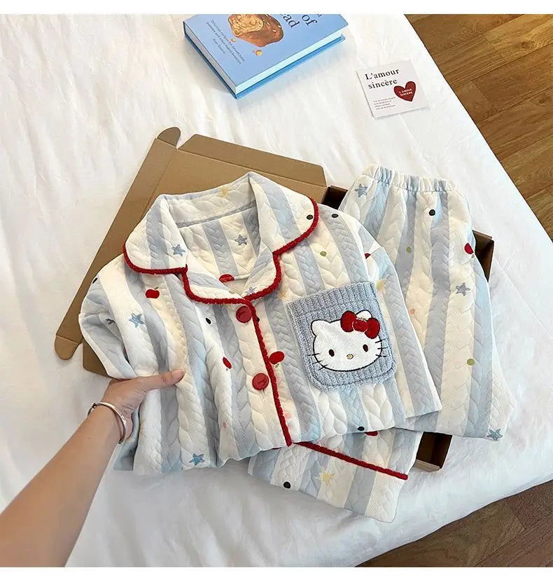 Hot Sanrio Girl Loungewear Set Hello Kitty Anime Kawaii Casual Loose Comfort Air-Layer Fabric 2-Piece Set Children Clothing New
