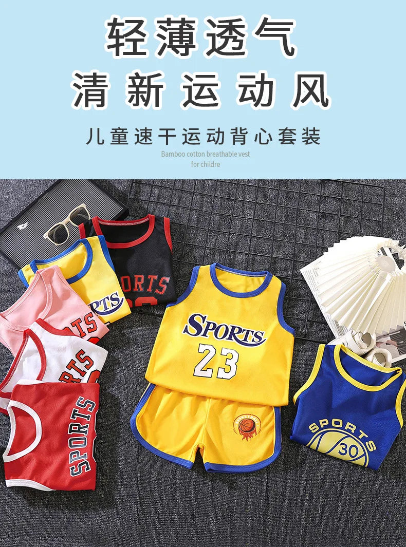 Kids Sports Set for Boys and Girls Baby Basketball Jersey Summer Mesh Tank Top Shorts Quick Dry Set Summer Sportswear