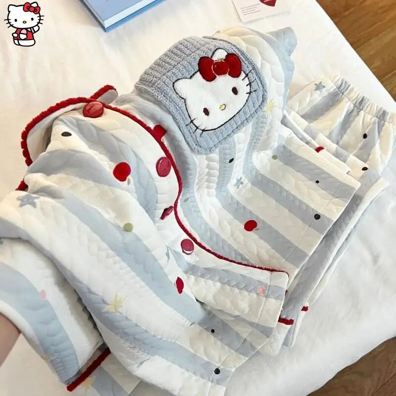 Hot Sanrio Girl Loungewear Set Hello Kitty Anime Kawaii Casual Loose Comfort Air-Layer Fabric 2-Piece Set Children Clothing New
