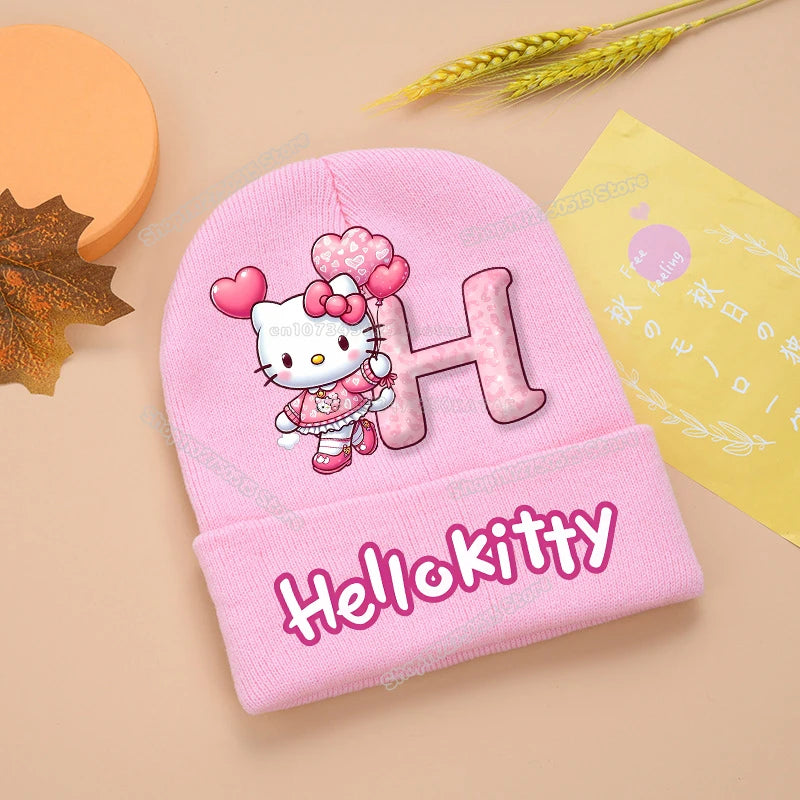 Hello Kitty Kids Knitting Hats Cute Letter A-Z Girl Winter Beanies Cartoon Print Weaved Bonnet Winter Warm Children Beanies Caps