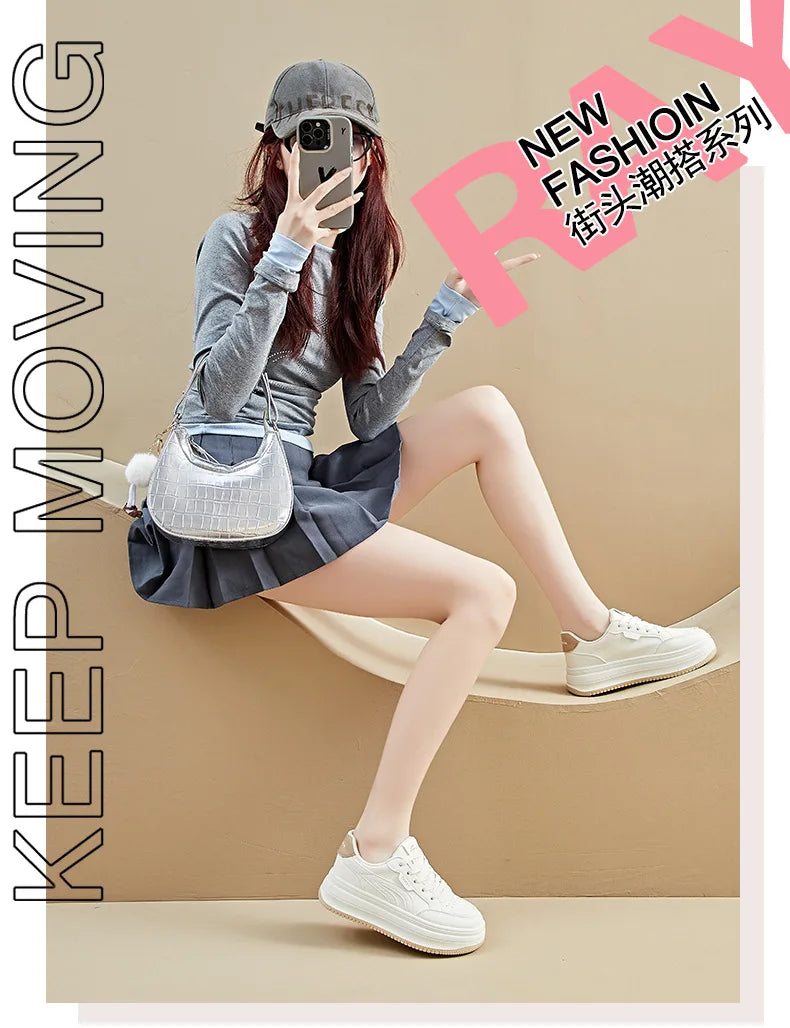 Women's White Shoes2025Autumn New Thick-Soled Platform Shoes Leather Surface All-Season Casual Sports Shoes for Women