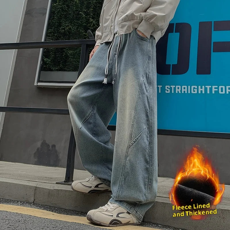 Men's Fleece-Lined Thick Wide-Leg Jeans with Vintage Washed Design, Elastic Drawstring Waist, Winter Warmth That Doesn'T Freeze the Legs, Available in Black/Blue, Loose Fit That Makes You Look Slimmer and Taller, Suitable for