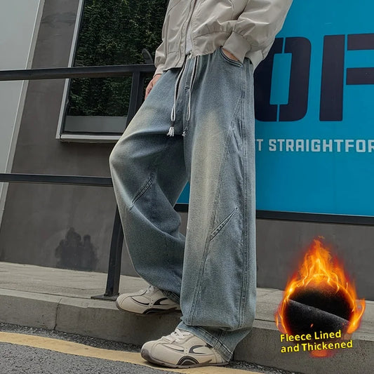 Men's Fleece-Lined Thick Wide-Leg Jeans with Vintage Washed Design, Elastic Drawstring Waist, Winter Warmth That Doesn'T Freeze the Legs, Available in Black/Blue, Loose Fit That Makes You Look Slimmer and Taller, Suitable for
