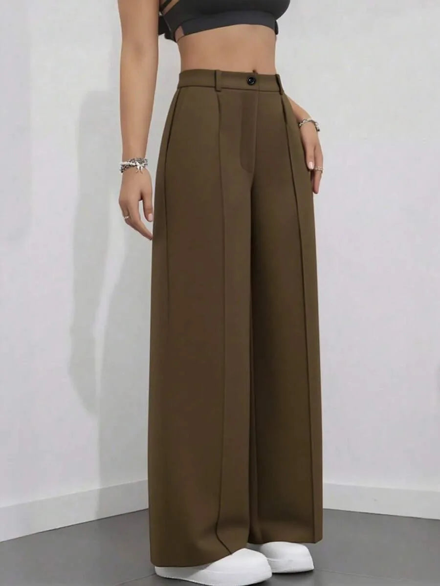European and American cross-border spring and autumn fashion solid color casual high-waist loose work trousers with pockets