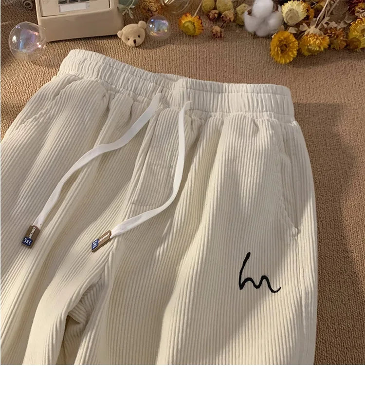 Corduroy Pants for Couples Autumn Winter Loose Fit High Waist Casual Loose Trousers Sports Pants Men Women Trendy Embroidery