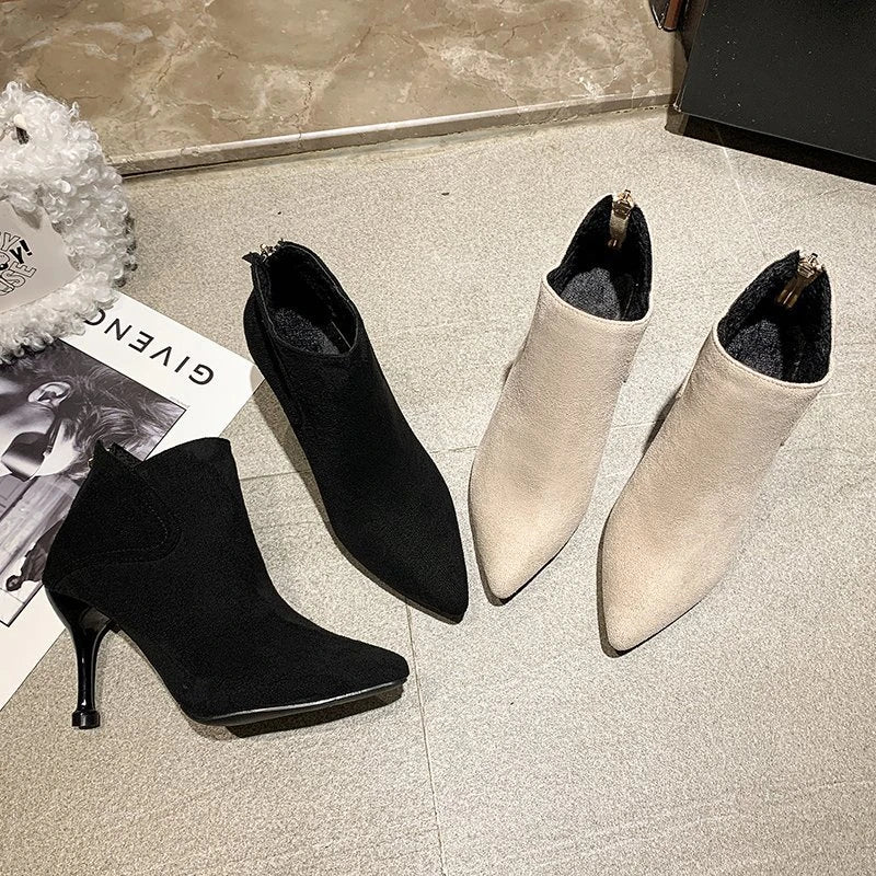 Autumn And Winter New Pointed Toe Thin-heeled Mid-heeled Boots High-heeled Lnternet Celebrity Versatile Short Suede Nude Boots
