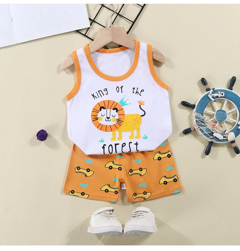 2025 New Kids Tank Tops and Shorts Set Summer Baby Toddler Sleeveless Outfit Girls Boys Casual Breathable Cartoon Clothing