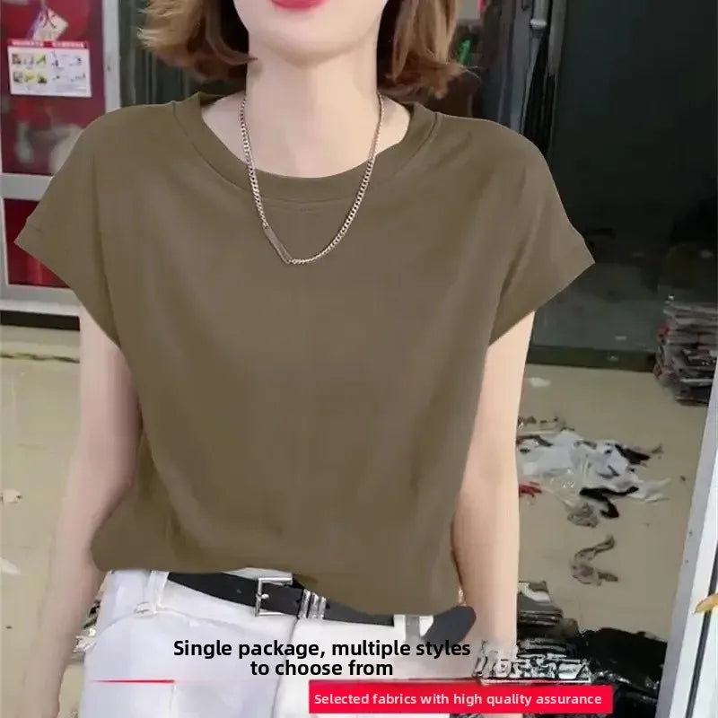 Ice Silk Loose Short Sleeve Crew Neck T-Shirt Knitted Polyester Fiber Summer Basic Top Ice Thread Decorated Bottom Shirt