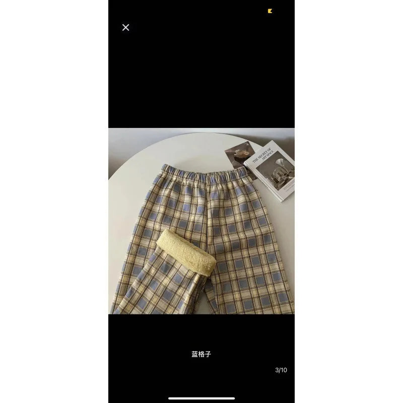 High Waist Straight Leg Pants Women's Autumn Winter Thickened Fleece Lamb Velvet Plaid Pants Loose Wide Leg Casual Trousers