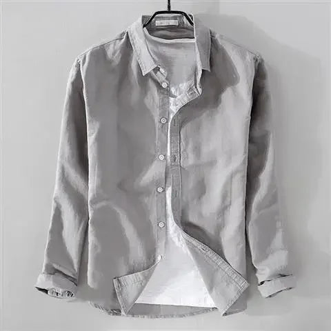 Men's Long Sleeve Casual Linen Shirt Solid Color Loose Fit Breathable Cotton Linen Fabric Square Collar Trendy Youth Style