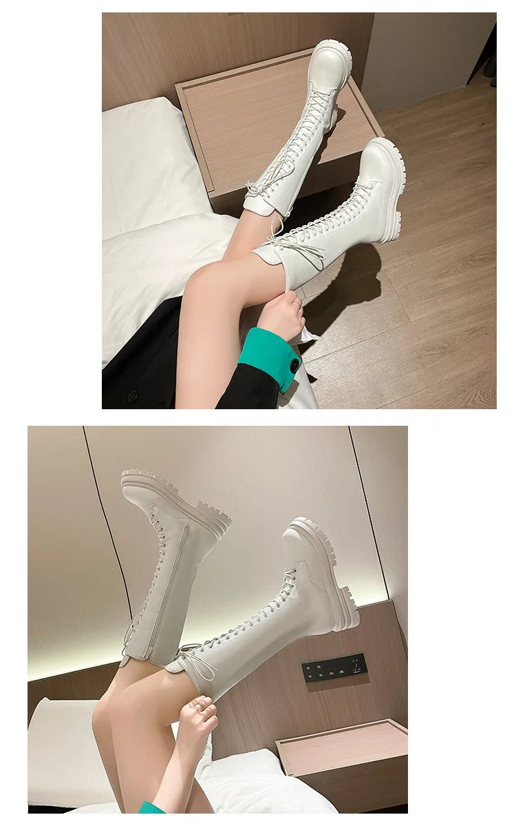Long boots for women  spring 2025 new white thick soled long boots with thick legs and high waisted straps