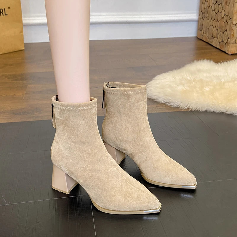 Fashion Pointed Toe Suede Single Boots 2025 New Temperament Block Heel Fashion Boots Booties Women