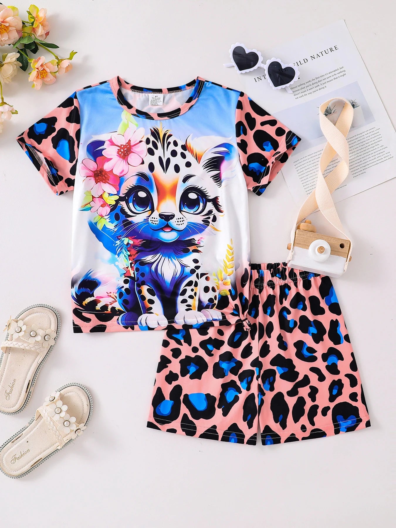 Summer 2-piece set of cute cartoon leopard casual children's clothing for girls, mixed color 4-8Y thin, cool and breathable