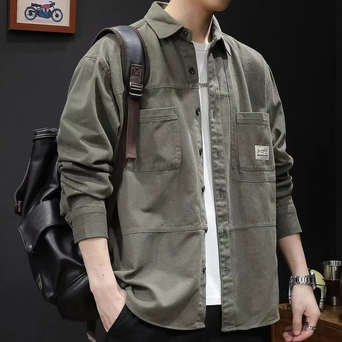 Retro Casual Loose Fit Men's Shirt Long Sleeve Turn-down Collar Fashionable Workwear Jacket Outerwear for Youth