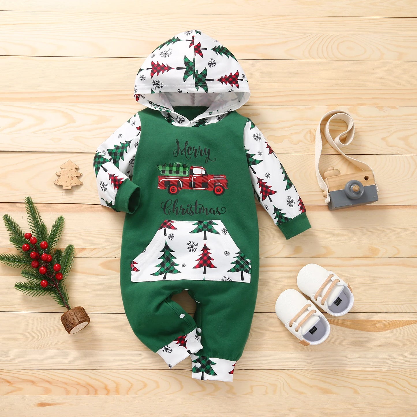 Unisex Baby Christmas Printed Romper Long Sleeve Hooded Jumpsuit with Front Pocket