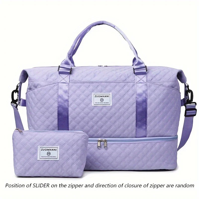 2pcs Set Large Capacity Travel Duffel Bag with Shoe Compartment and Cosmetic Pouch, Casual Nylon Gym Bag, Weekend Overnight Bag