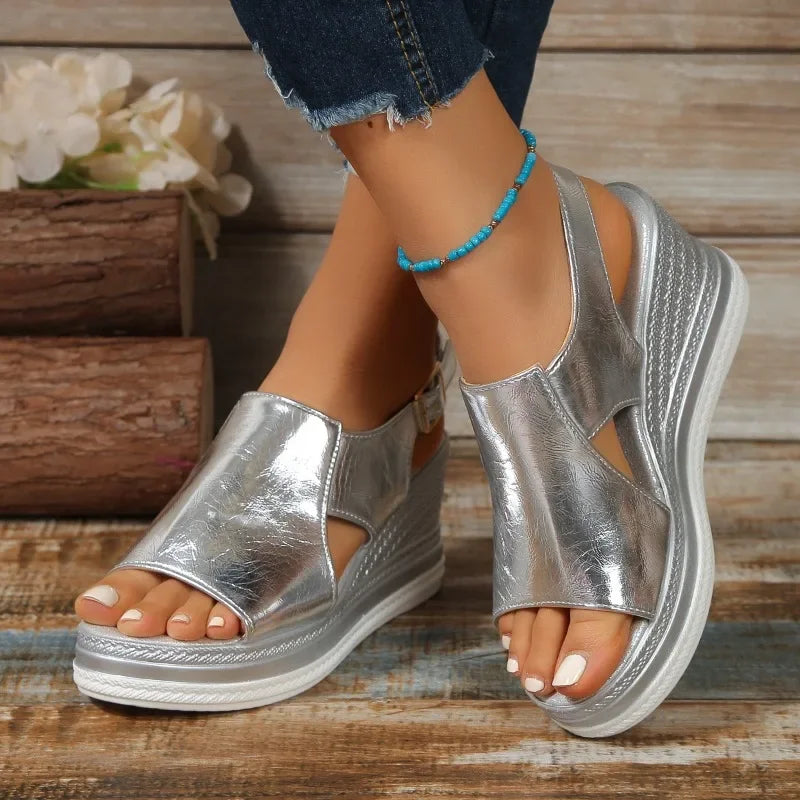 Women Shoes  Fashion Peep Toe Women Wedge Sandals Summer High-heeled Fish Mouth Shoes Soft Leather Height-increasing Beach Shoes