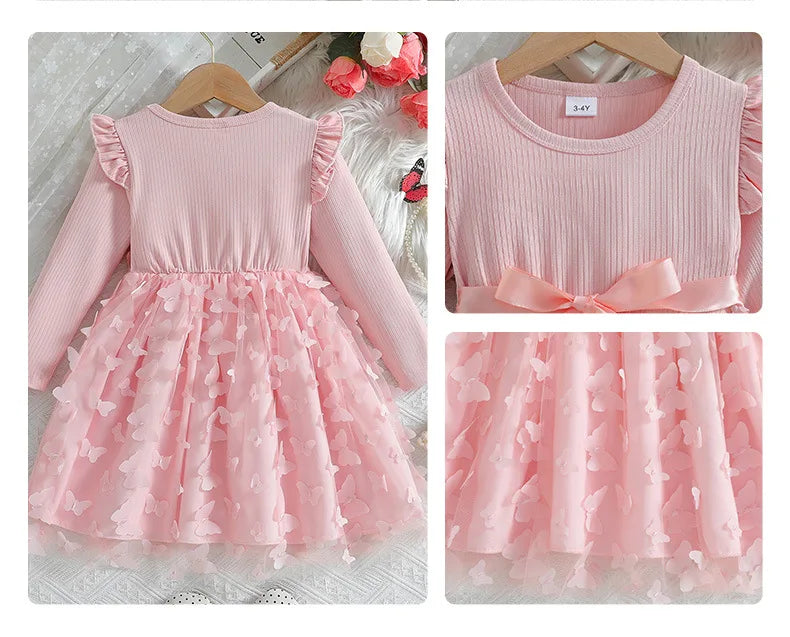 Custom Made Girls' Dresses Girl Three Butterfly Sweet Mesh With Belt Long Sleeved Dress Vestidos De Bebê