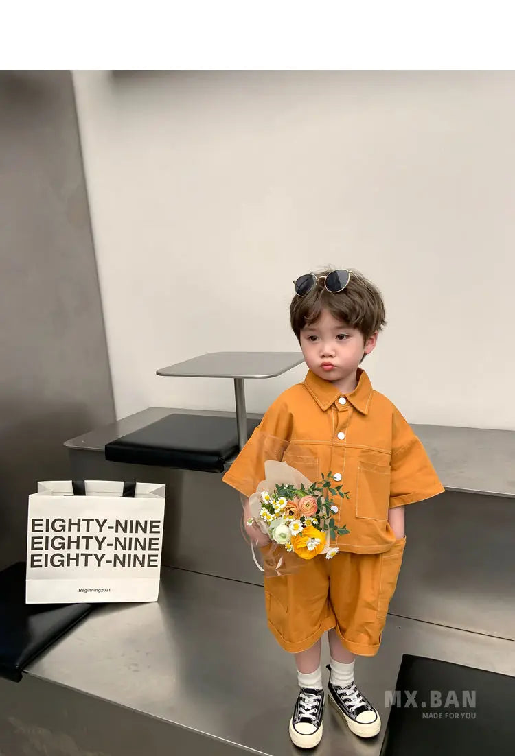 2-9 Y Summer Korean Toddler Boys Baby Handsome Clothes Outfits Kids Boy Cotton Shirt + Shorts 2pcs Sets Fashion Birthday Outfit