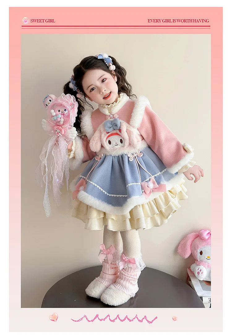 Anime My Melody Lolita Princess Dress Girl Bow Decoration Party Dress Ruffled Tutu Skirt Fleece-Lined Layered Dress Ball Gown