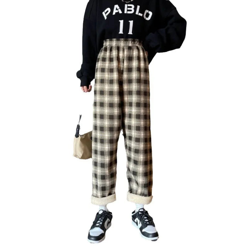 High Waist Straight Leg Pants Women's Autumn Winter Thickened Fleece Lamb Velvet Plaid Pants Loose Wide Leg Casual Trousers