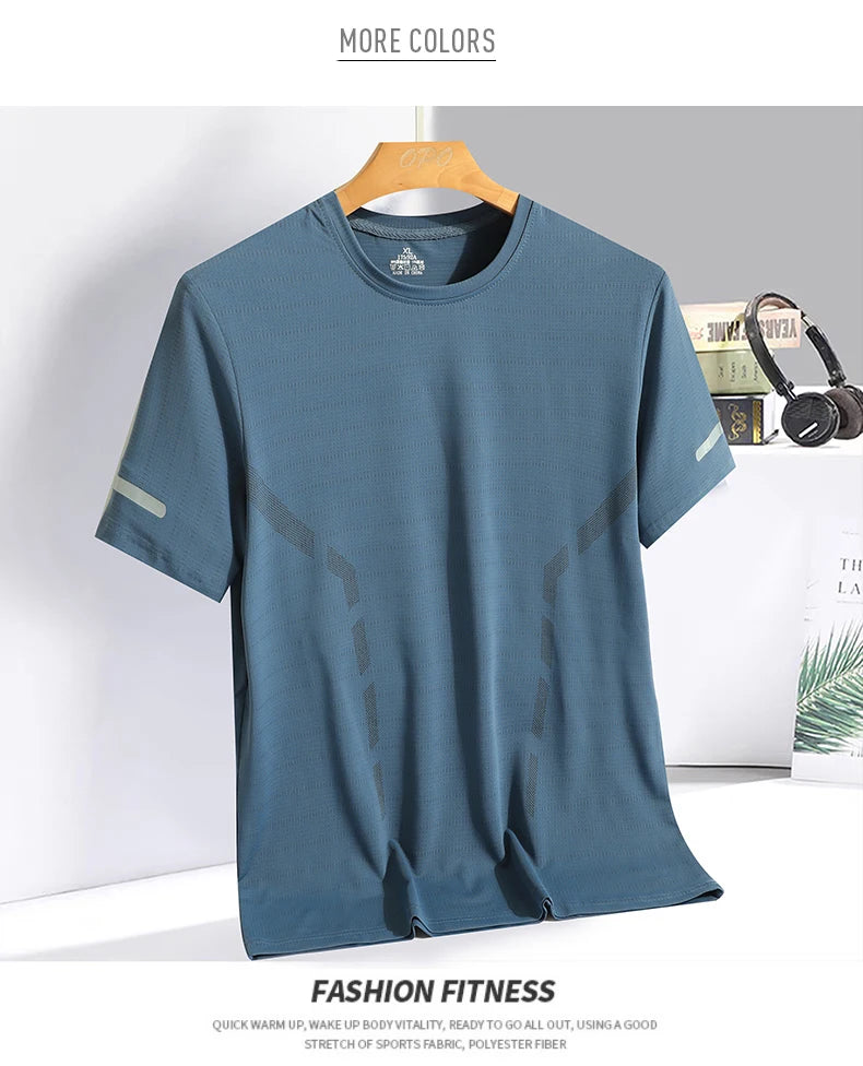 Men Running T-shirt Breathable Stretch Summer Top Gym Fitness Running Thin Short Sleeve Sportswear M-5XL Gray Blue Black White