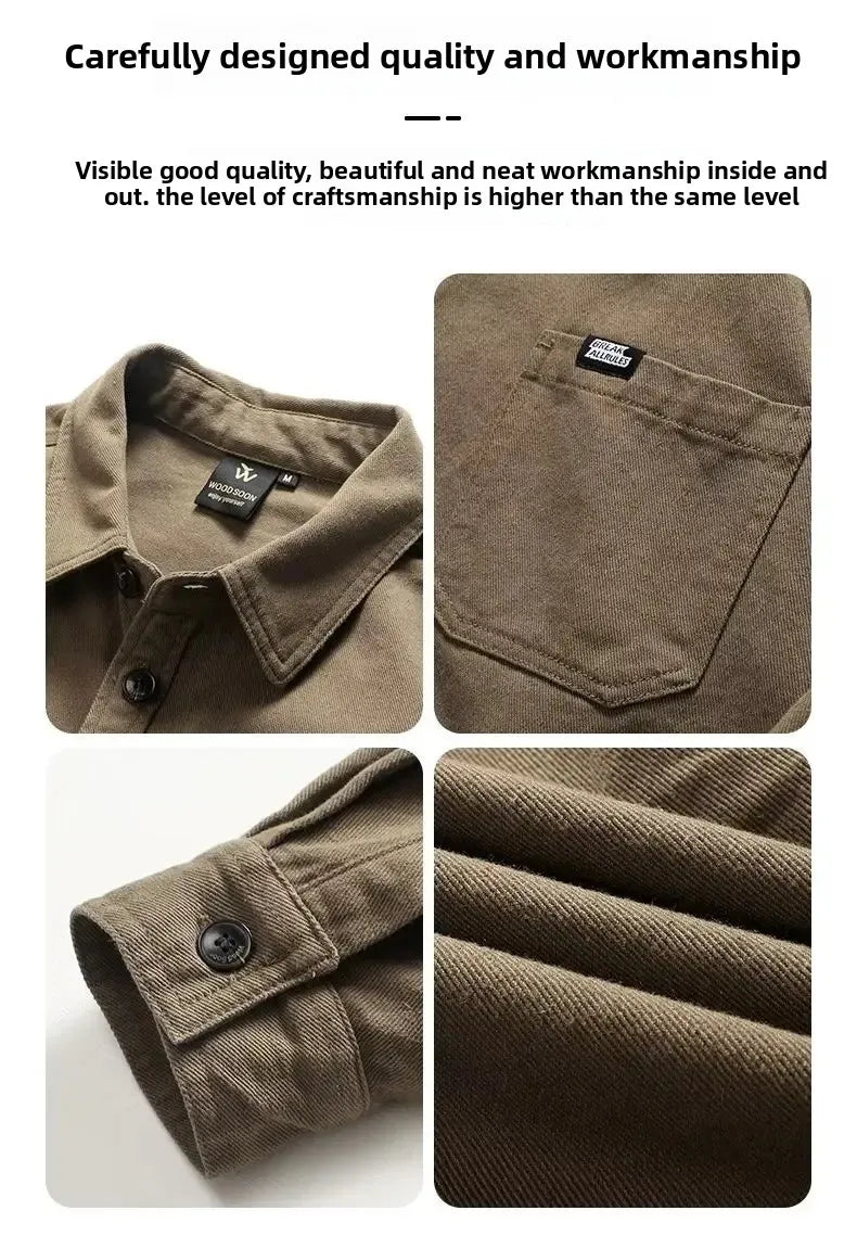 Retro Japanese Style Long Sleeve Workwear Shirt Men's Loose Casual Coat with Pocket Youth Versatile Spring Autumn Fashion