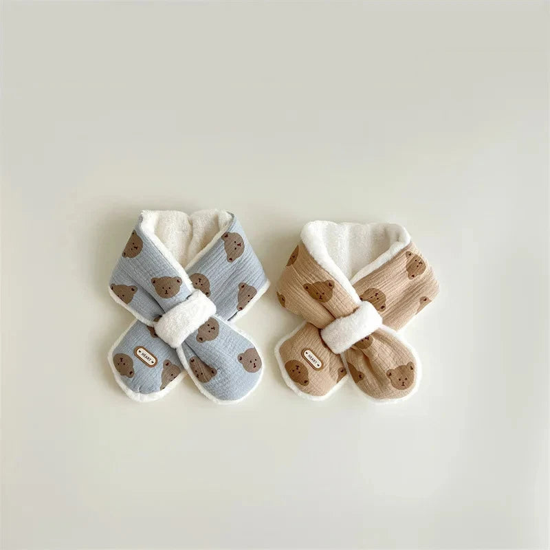 Cute Bear Baby Scarfs Winter Fleece Neck Warmer Cross Scarves for Girls Boys Toddler Kids Warm Accessories Korean 1-6 Years Old