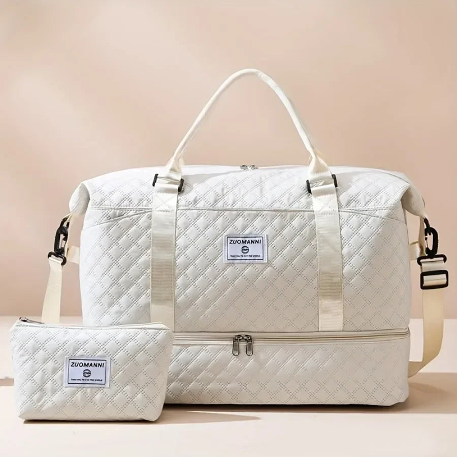 2pcs Set Large Capacity Travel Duffel Bag with Shoe Compartment and Cosmetic Pouch, Casual Nylon Gym Bag, Weekend Overnight Bag