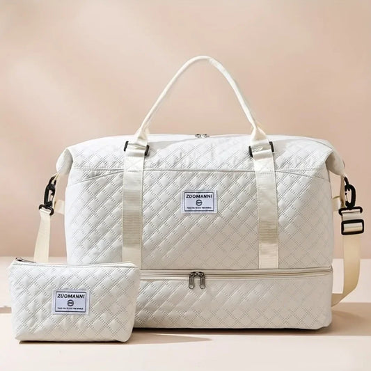 2pcs Set Large Capacity Travel Duffel Bag with Shoe Compartment and Cosmetic Pouch, Casual Nylon Gym Bag, Weekend Overnight Bag