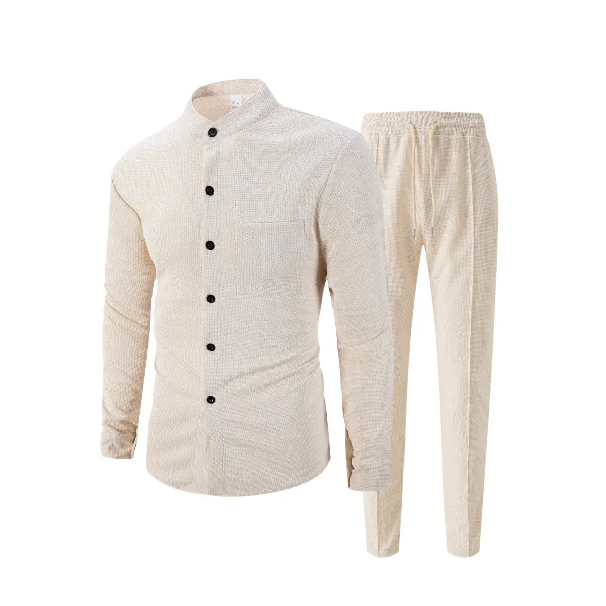 New autumn men's suit, waffle plain-colored long-sleevedshirt with pocket cardigan, stylish men's casual clothing long pants set