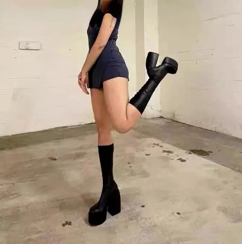 Boots for Women 2022 Knee High Shoes on Platform Heels Punk Style Autumn Winter Chunky Gothic Plus Size Sexy Pole Dance Luxury