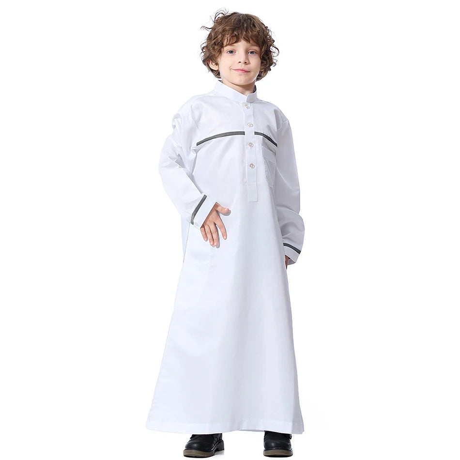 Ramadan Eid Islamic Boys Long Robe Children Traditional Arab Thobe Thawb Caftan Solid Color Long Sleeve Stand Collar with Pocket